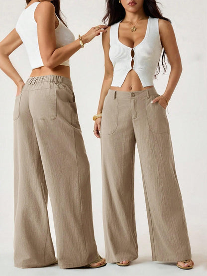 💓Summer Hot Sale 50% OFF⚡50K+ SOLD!!💕Women's Cotton Linen Palazzo Pants Summer Flowy Wide Straight Leg Beach Trousers With Pocket Casual Solid Color Soft Elastic High Waist Lounge Pants💐