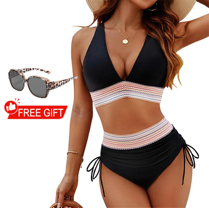 🏖️LAST DAY SALE – ONLY ￡13.99!!🔥💓High Waisted Tummy Control Color Block Bikini Set With Free Sunglass🕶️