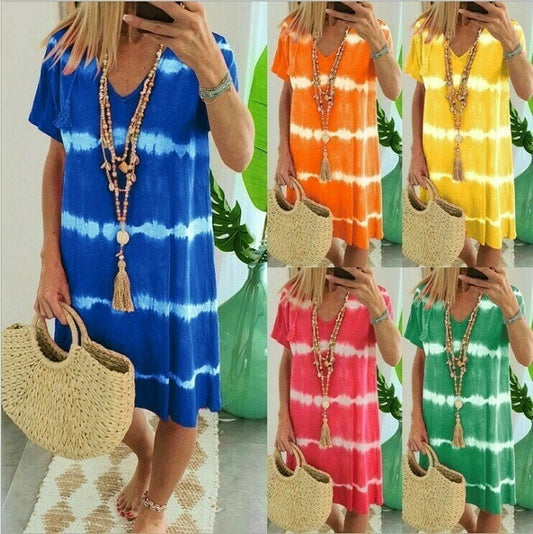 💥🌈2026 Summer Hot Sale 50% OFF: Only ￡14.99‼️ 👗Tie-Dye Striped Short Sleeve T-Shirt Dress✨Soft Flowy Loose Mini Dress Casual Holiday Sundress For Women