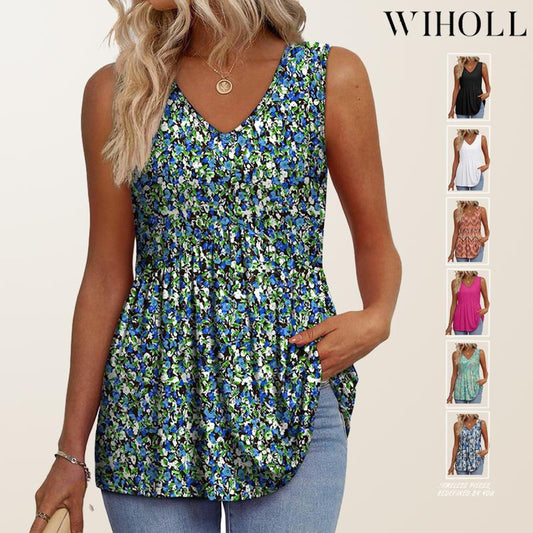 💥🌞Summer Women Outfit Hot Sale :Only ￡10.99‼️👗Women's Print Flowy Sleeveless V Neck Peplum Tank Tops✨Loose Waist Ruffle Hem Camisole Daily Holiday Top