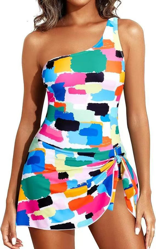 💗👙LAST DAY SALE 60% OFF: ONLY £13.99!!⚡50K+ SOLD💕🏖️Women's One Piece Swim Dress One Shoulder Swimsuit With Skirt🩱