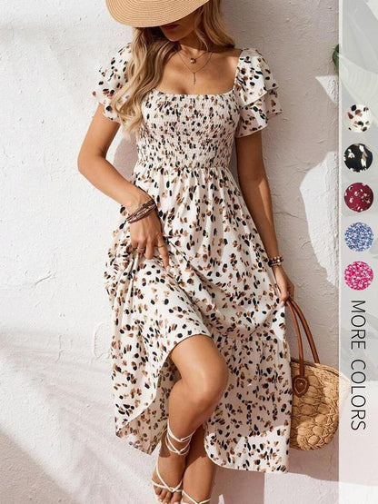 🌼Summer Hot Sale– ONLY ￡18.99!!🔥🌸Square Neck Floral Midi Dress✨Smocked Bust Tiered Flowy Skirt Romantic Holiday Outfit
