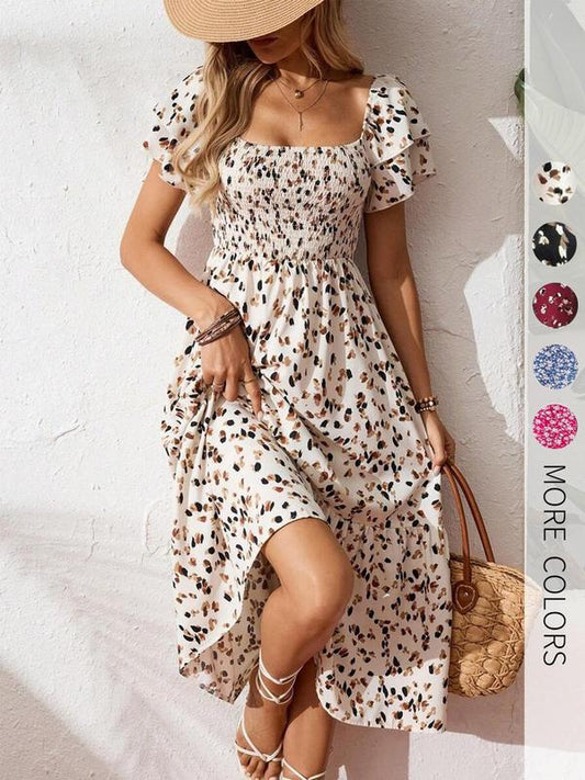 🌼Summer Hot Sale– ONLY ￡18.99!!🔥🌸Square Neck Floral Midi Dress✨Smocked Bust Tiered Flowy Skirt Romantic Holiday Outfit