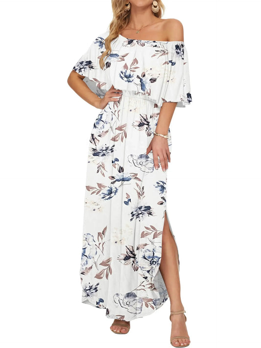 🏖️2026 Summer Hot Sale– Only ￡13.99!!🔥💃Women's Off-Shoulder Ruffled Side-Slit Maxi Dress with Pockets