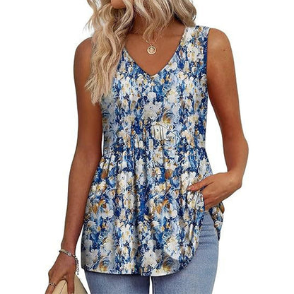 💥🌞Summer Women Outfit Hot Sale :Only ￡10.99‼️👗Women's Print Flowy Sleeveless V Neck Peplum Tank Tops✨Loose Waist Ruffle Hem Camisole Daily Holiday Top