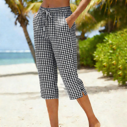👖💥Surprise Price ￡14.99!!💥 🌿Women's Summer Plaid Capri Pants✨Light Breathable Cropped Trousers Casual Daily Wear💝