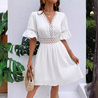👗LAST DAY SALE 60% OFF⚡50K+ SOLD💕🪞Chic V-Neck Dress with Lace Cutout Details✨Soft Hollow Lace Splicing Midi Dress For Date Wedding Guest Party💐