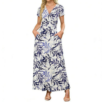 👗Summer Hot Sale 50% OFF: Only £14.99!!💥🌈 Women's V neck Ankle Length Floral Print Beach Long Flowy  Maxi Dress with Pockets🎀