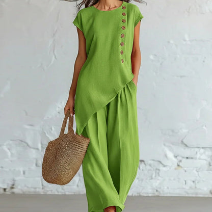 🌈2026 Summer Hot Sale 50% OFF!🪡Women's Asymmetric Hem Top & Pants 2-Piece Set✨Irregular Cut Loose Matching Outfit Soft Fabric Casual Daily Holiday Suit
