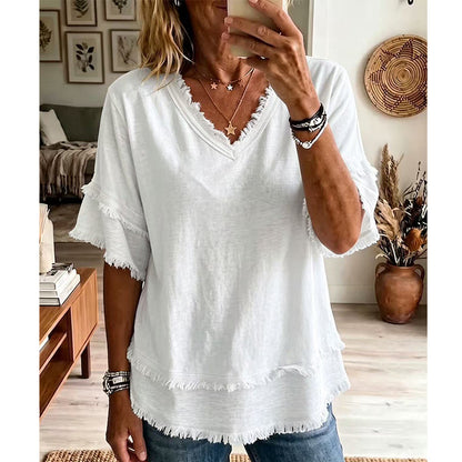 🏖️SUMMER HOT SALE £11.99!!💥50K+ SOLD💕Women's Boho V-Neck T-Shirt with Frayed Edges 🌿 – Loose Fit, Breathable Summer Top in Soft Cotton👚
