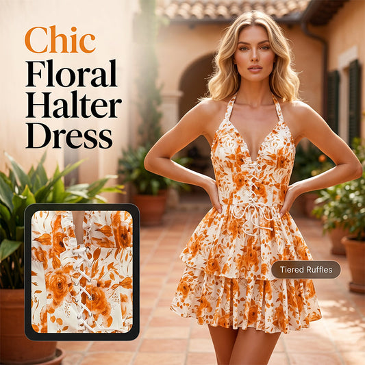 🌴SUMMER HOT SALE £14.99!!💥50K+ SOLD!👗Women‘s Halter Tie-Neck Printed Mini Dress✨Backless Self-Tie Sleeveless Floral Sundress For Holiday Date Party
