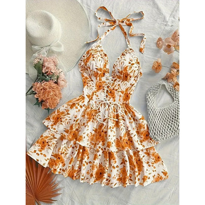 🌴SUMMER HOT SALE £14.99!!💥50K+ SOLD!👗Women‘s Halter Tie-Neck Printed Mini Dress✨Backless Self-Tie Sleeveless Floral Sundress For Holiday Date Party