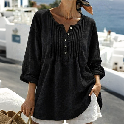 🔥👚2026 Summer Hot Sale– Only ￡12.99!!⚡️Women's Long Sleeve Pleated Henley Neck Blouse✨Soft Breathable Elegant Casual Pleated Top Daily Commute Outfit UK🇬🇧💐