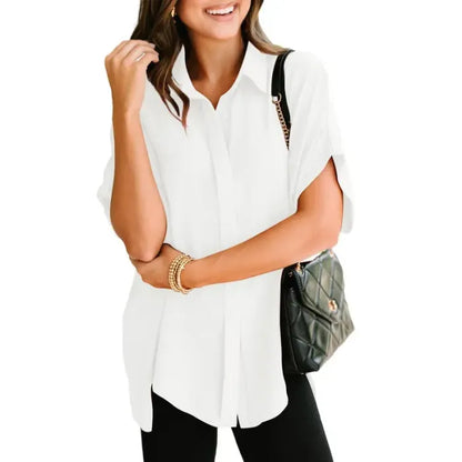 ⏳2026 Summer Hot Sale 60% OFF: Only £13.99!!💥👚Women's Casual V Neck Button Down Shirts Solid Short Sleeve Blouses💐Soft Breathable Basic Shirt For Office Holiday Daily Outfit🇬🇧
