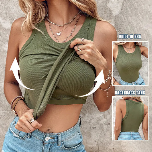 💓Summer Special Price ￡13.99!!🏖️Ribbed Stretchy Tank Top with Shelf Bra💓